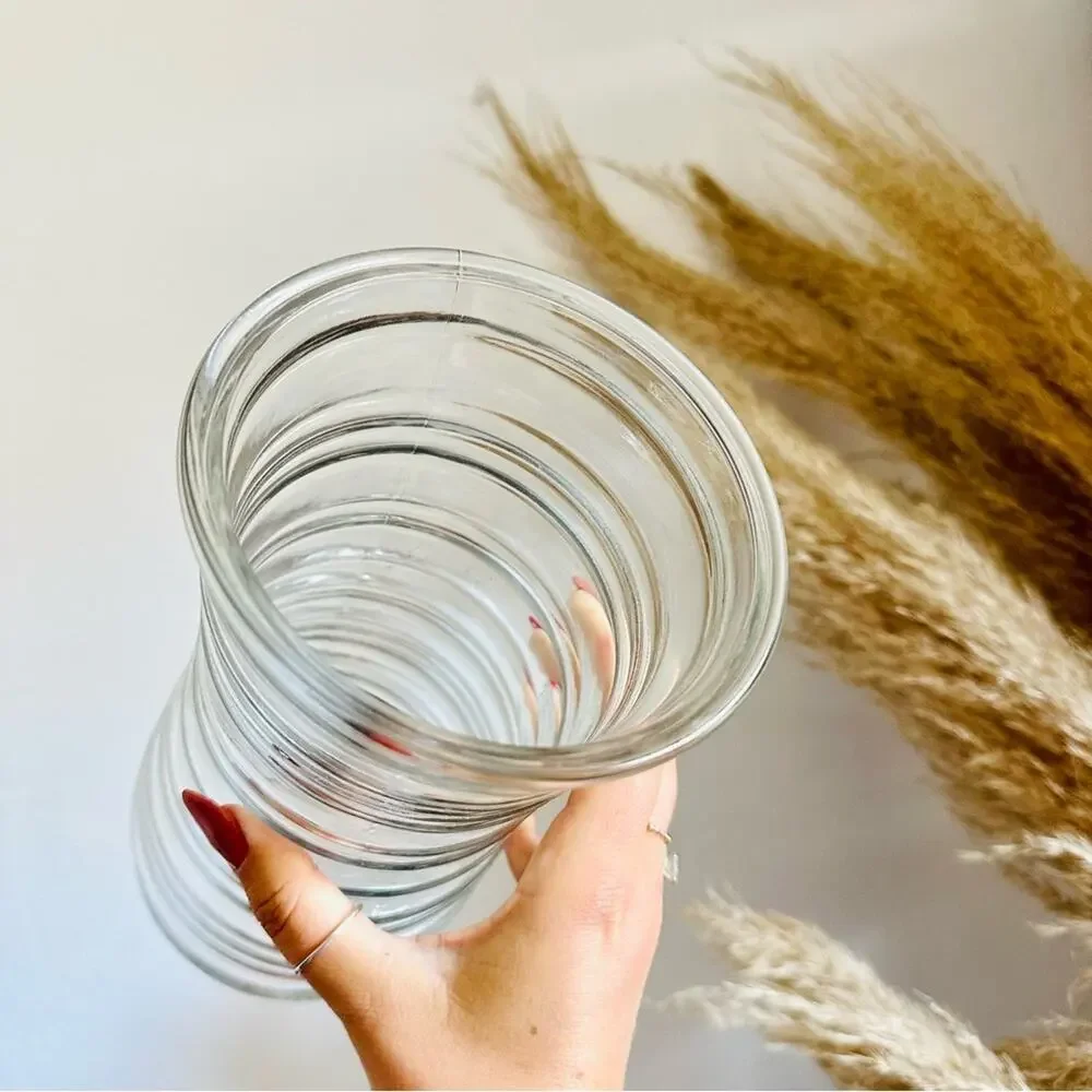 VINTAGE Clear Glass Strip Floral Flower Tall Vase Kitchen Gadget Storage Display
